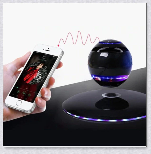 Levitating Bluetooth speaker with colourful lights, creating a mesmerising audio experience