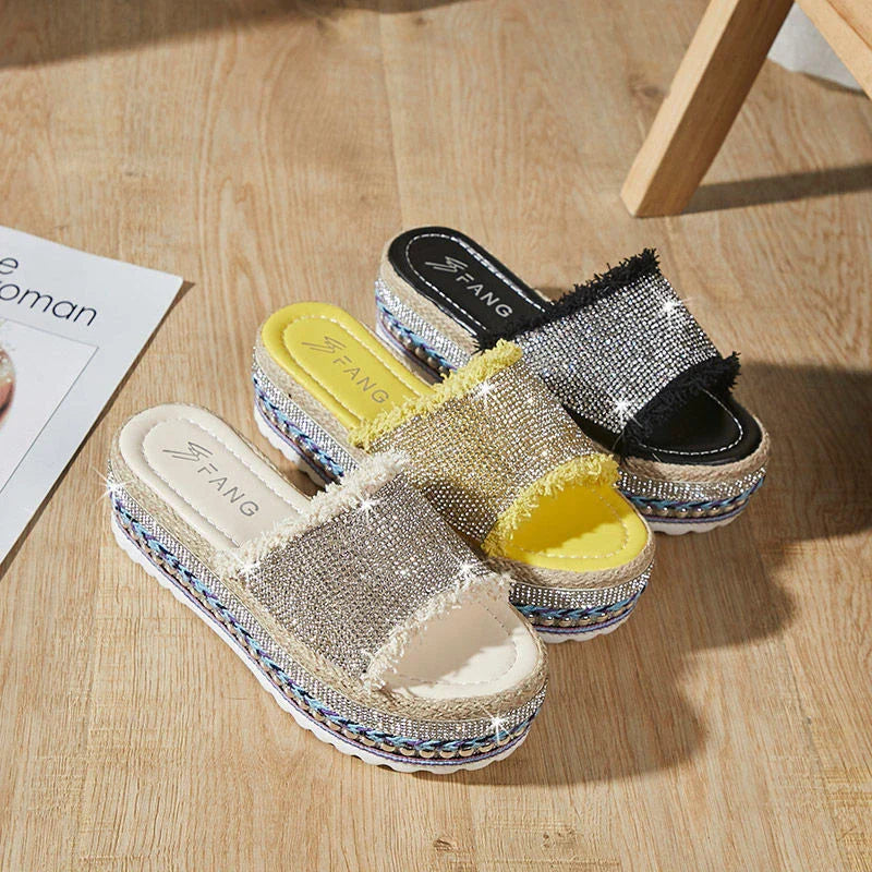 Stylish sponge cake elevated women's slippers in beige, black, and yellow colours