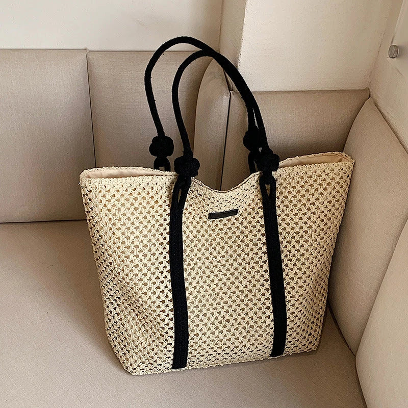 Premium large capacity woven straw beach tote in beige colour with stylish knitted pattern