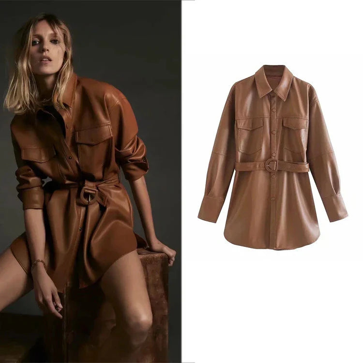 Stylish British-made faux leather jacket with stitching details and adjustable belt for a customized fit