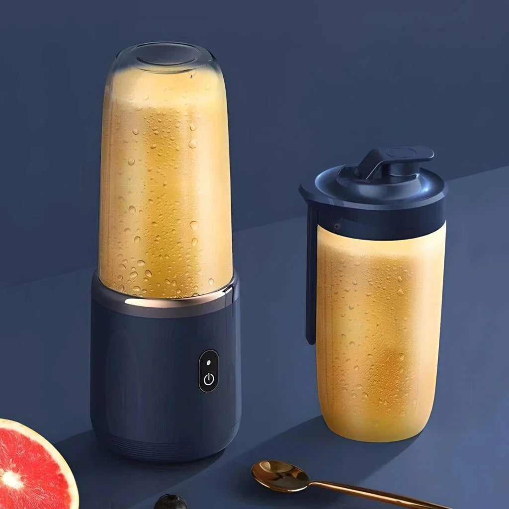 Portable electric juice extractor with a pink lid, designed for on-the-go healthy hydration and wellness