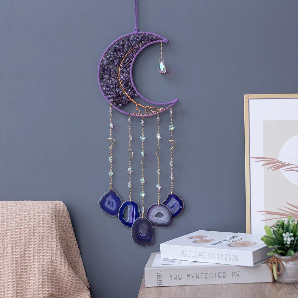 Mesmerising Moon Agate Crystal Pendant Dream Catcher with a stunning array of colourful agate crystals