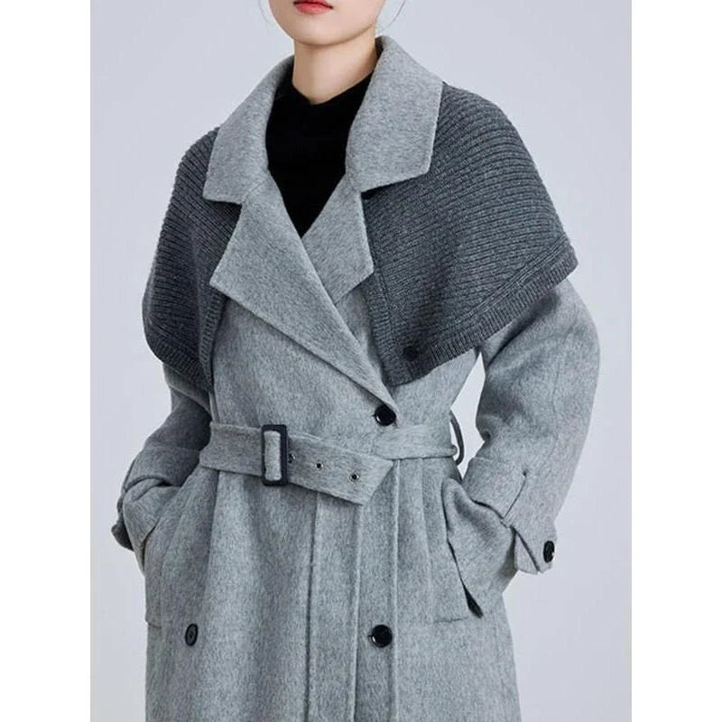 Stylish patchwork woollen blazer with belt in multiple sizes, perfect for spring wear