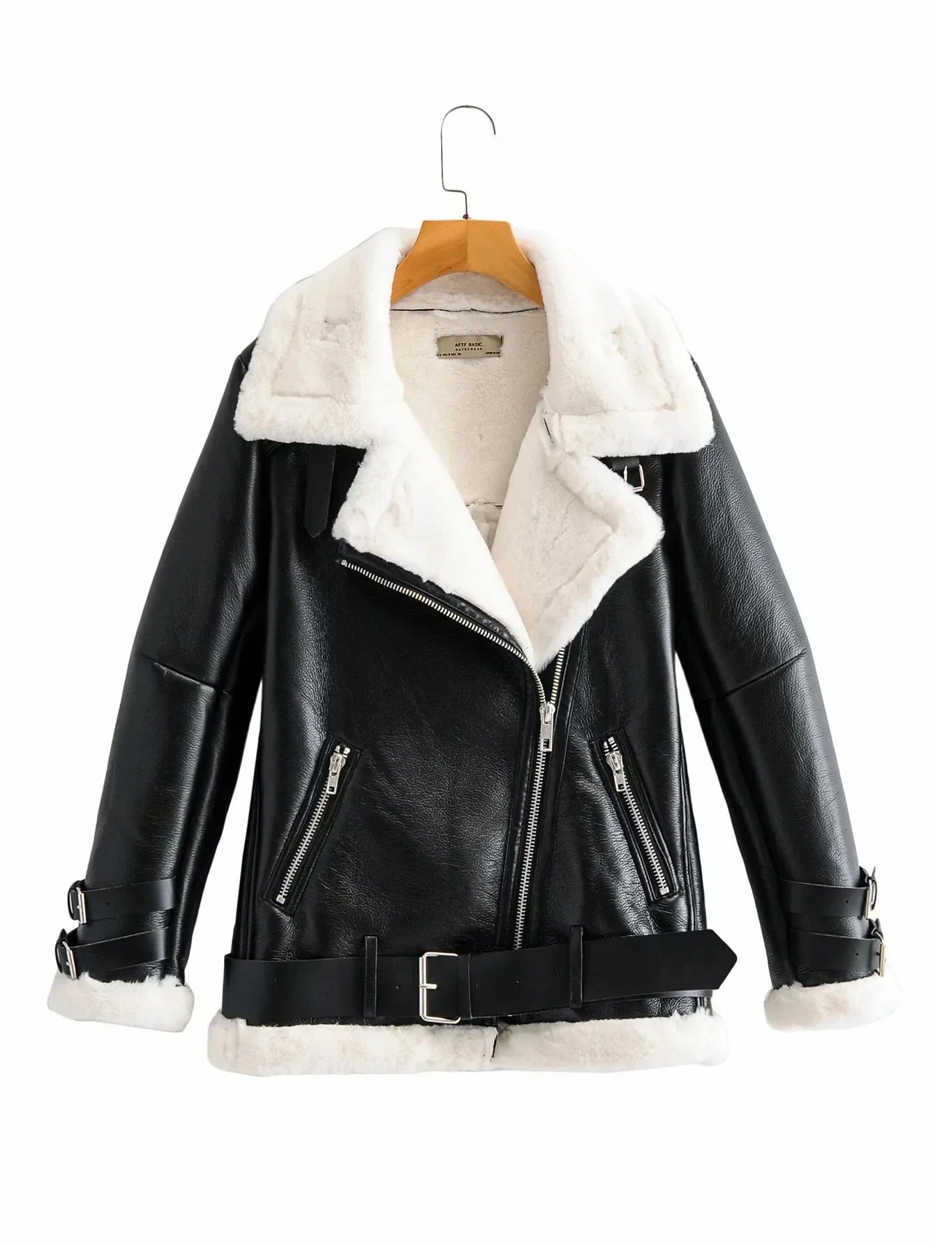 Warm faux leather jacket with plush faux fur lining, available in classic British colours for autumn and winter wear.