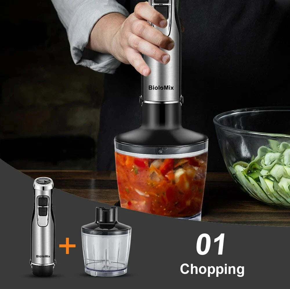 A powerful 1200W 4-in-1 immersion hand blender with attachments for chopping, blending, and whipping