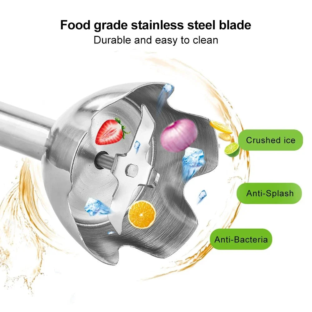 A powerful 1200W 4-in-1 immersion hand blender with attachments for chopping, blending, and whipping