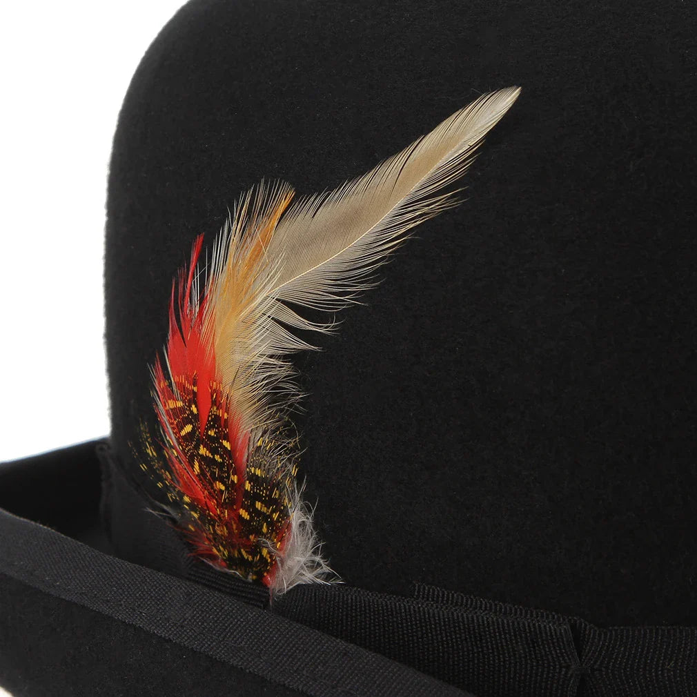 Timeless British Wool Bowler Hat with Delicate Feather Trim - Sophisticated and Elegant Headwear