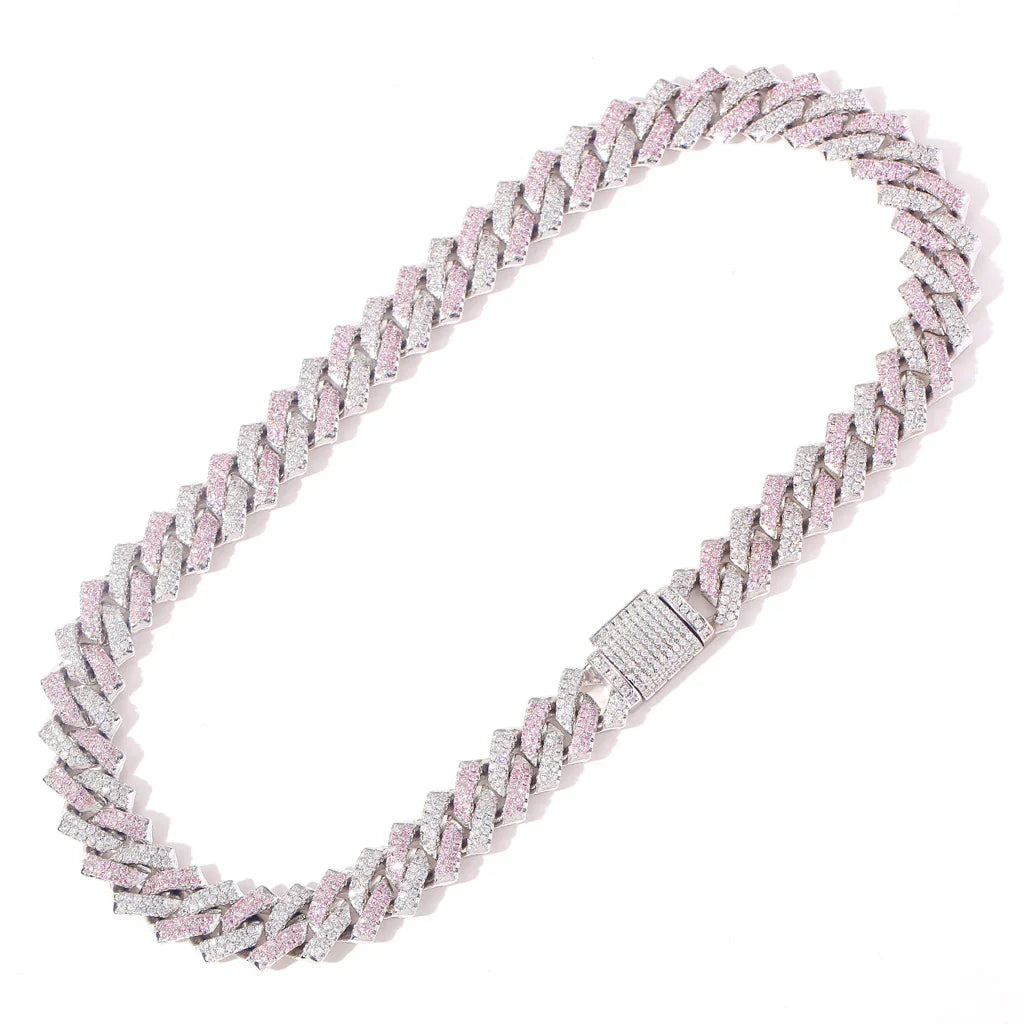 Stylish men's hip hop necklace with pink zircon stone and adjustable Cuban link chain