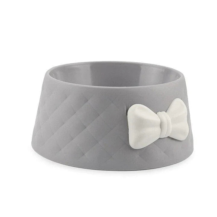 Stylish bowknot feeding bowl for pets, available in blue, grey, and pink colours