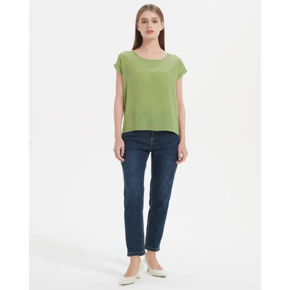 Elegant 100% Mulberry Silk Batwing Sleeve Tee in Black for Effortless Summer Style