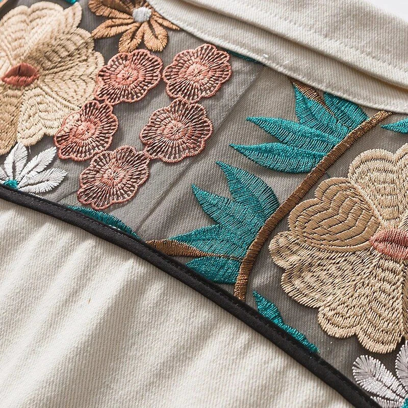 Trendy embroidered patchwork denim jacket in various sizes, perfect for autumn and winter wear