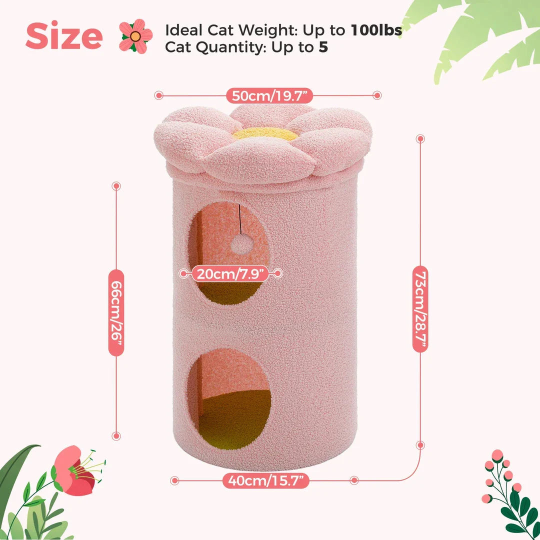 Luxurious double-decker cat bed with charming flower-shaped perch and interactive toy, made with soft corduroy fabric for maximum comfort.
