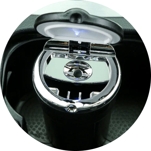 Portable car ashtray with LED light for responsible cigarette disposal while driving