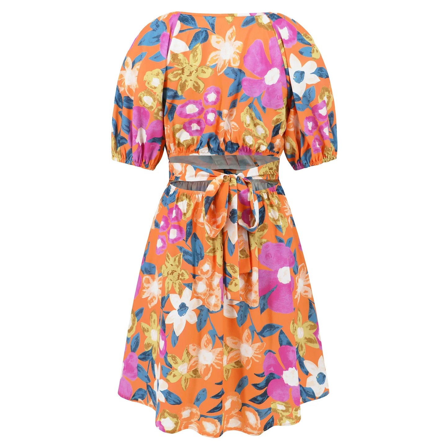 Stylish lantern-sleeve v-neck beach dress in vibrant summer colours, featuring a flattering fit and comfortable stretch fabric