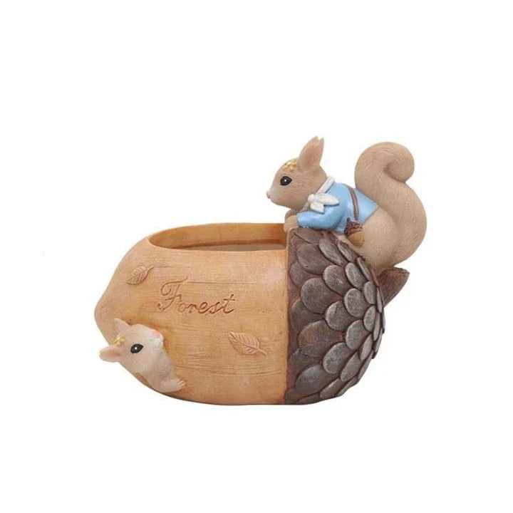 Cartoon squirrel-themed succulent planter in resin material, featuring a drainage hole for healthy plant growth
