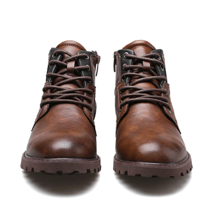 Vintage-inspired Martin boots with artificial PU upper and beef tendon sole, featuring a round toe and horseshoe heel design