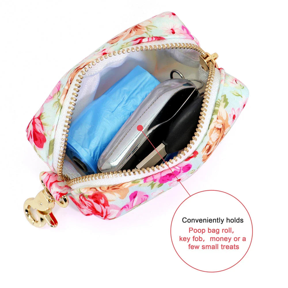 Stylish floral dog walking bag with multiple compartments for treats, snacks, waste bags, and keys