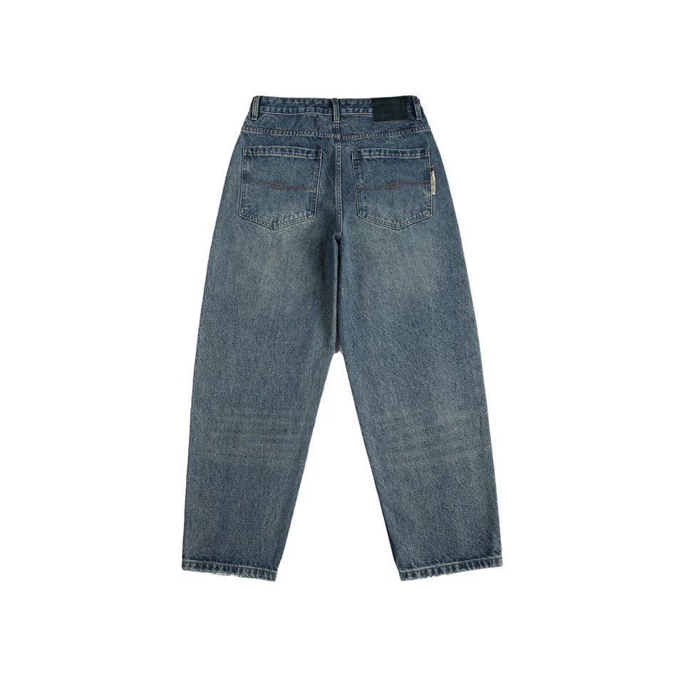 Autumn New Retro Loose Jeans in dark blue colour with straight-leg silhouette and premium cotton fabric