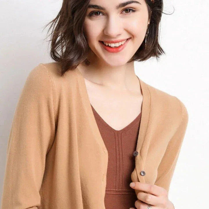 Chic v-neck single breasted cardigan in blue, green, and pink colours with a sophisticated and timeless design
