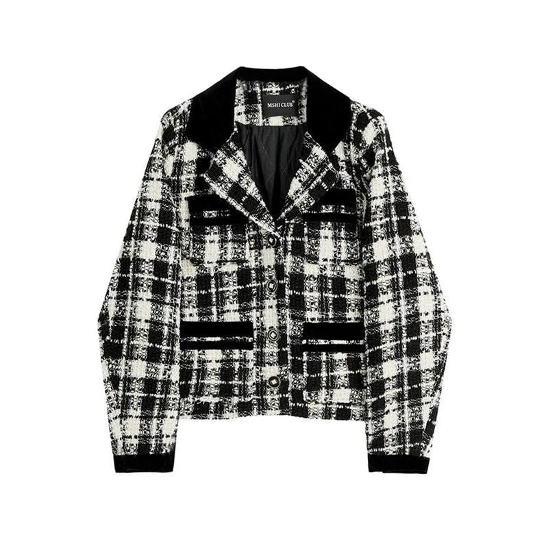 GiftHome UK Stylish Plaid Contrast Woollen Women's Short Jacket