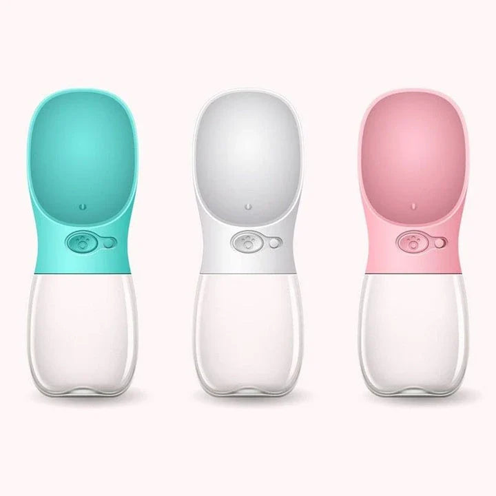 A leak-proof, portable pet water bottle in turquoise colour with a one-hand release button and locking mechanism