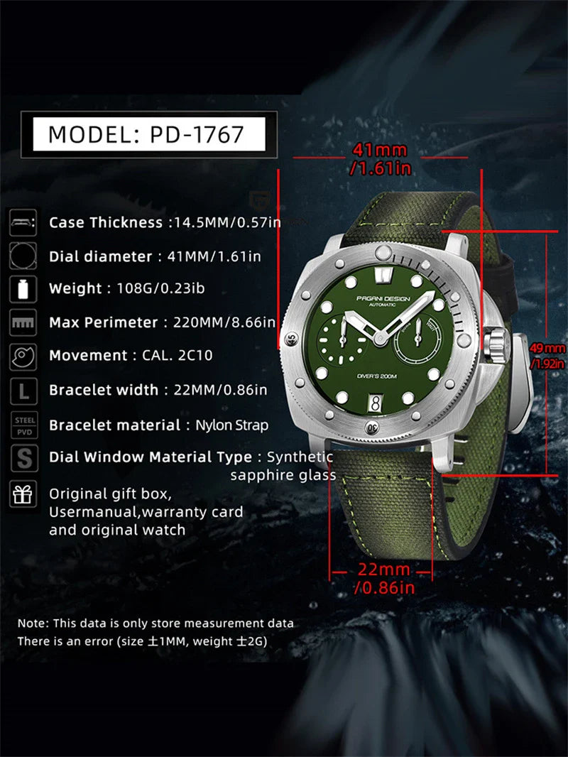 Sophisticated waterproof automatic mechanical watch with stainless steel case and textile strap, available in black, grey, green, and blue colour options