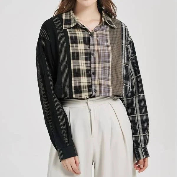 A stylish plaid shirt with a unique patchwork design, made from a comfortable cotton-blend fabric.