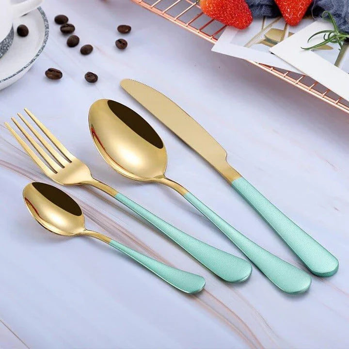Premium eco-friendly stainless steel tableware set including knife, fork, spoon, and tea spoon in a sophisticated frosted finish