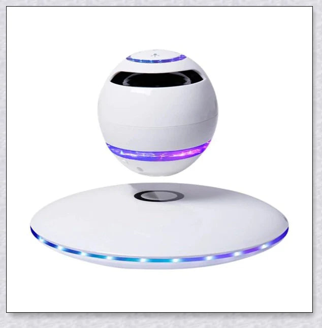 Levitating Bluetooth speaker with colourful lights, creating a mesmerising audio experience