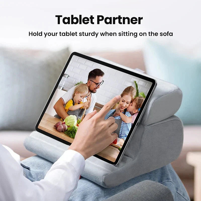 Adjustable tablet and phone stand with foldable, portable design for hands-free viewing on any surface