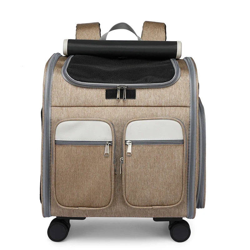Convenient pet carrier trolley in blue colour, designed with a folding mechanism for easy transport and storage