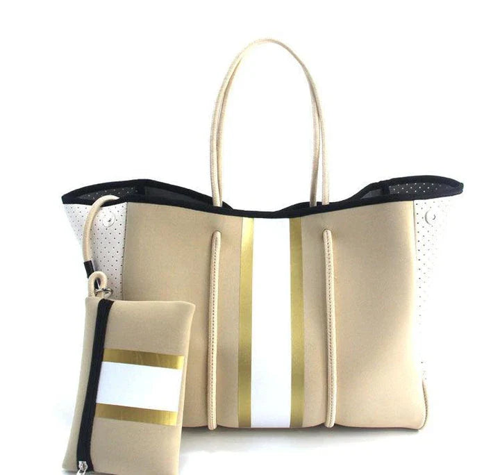 A neoprene beach bag in a stylish design, perfect for British summer adventures at the coast