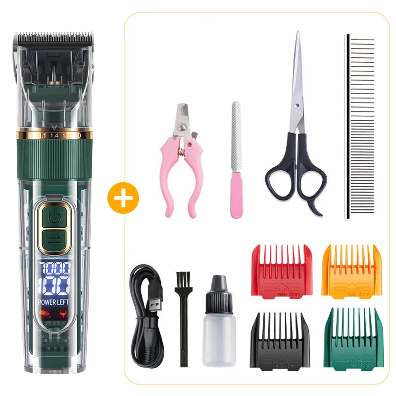 A professional pet hair trimmer with premium stainless steel blades and adjustable settings for customised grooming