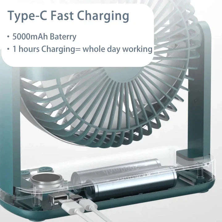 A compact, rechargeable USB desk fan with adjustable speed settings and a tilting head for targeted airflow.