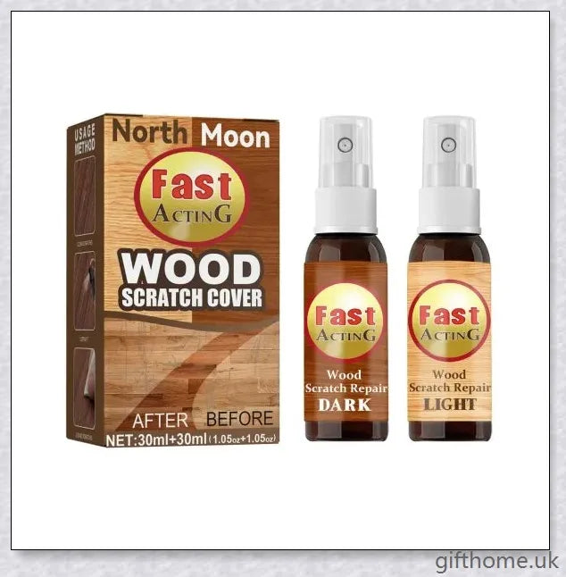 A bottle of premium wood scratch repair spray with a light and dark colour option for blending seamlessly with various wood tones.
