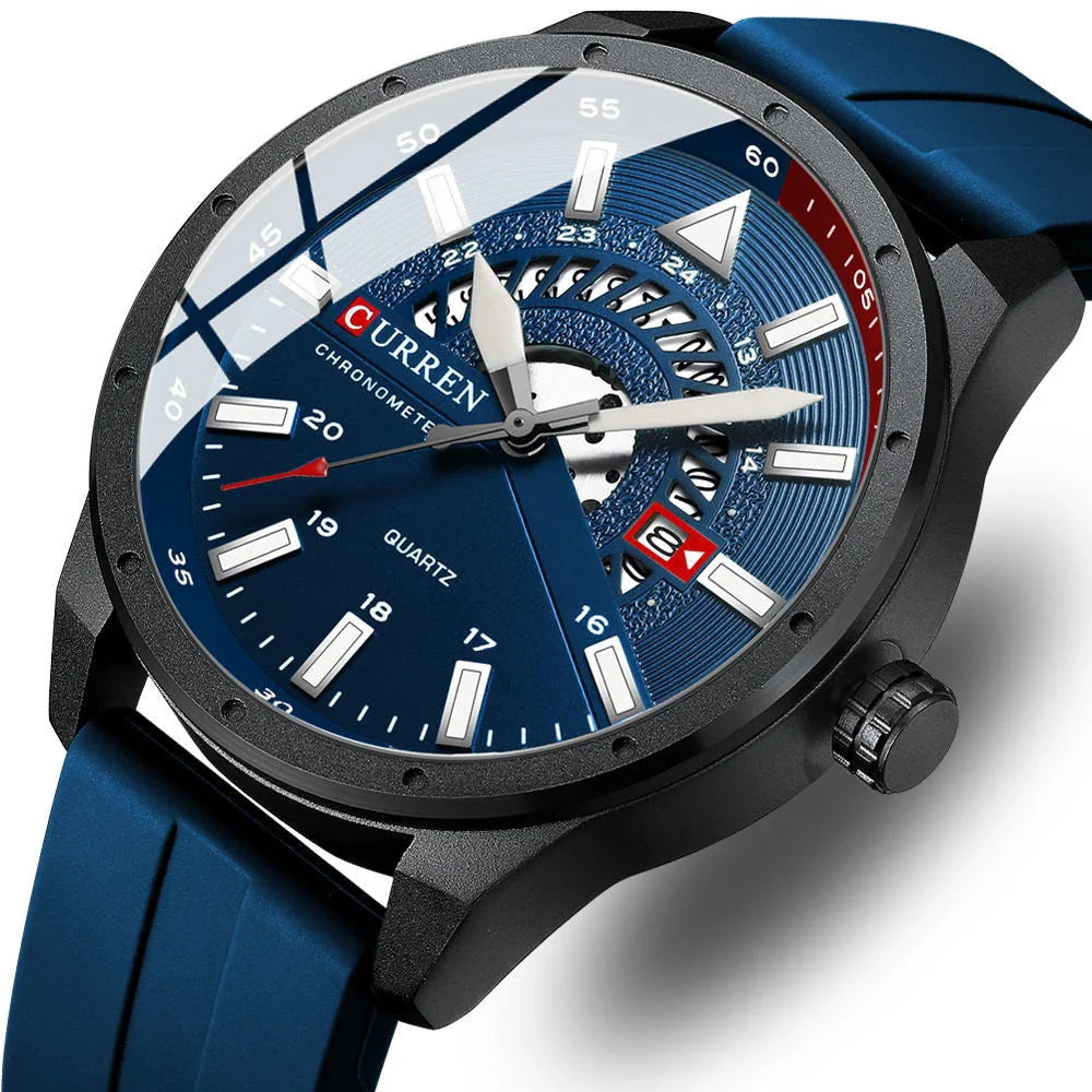 Stylish men's quartz watch with a sleek, round case and a comfortable silicone strap in blue colour