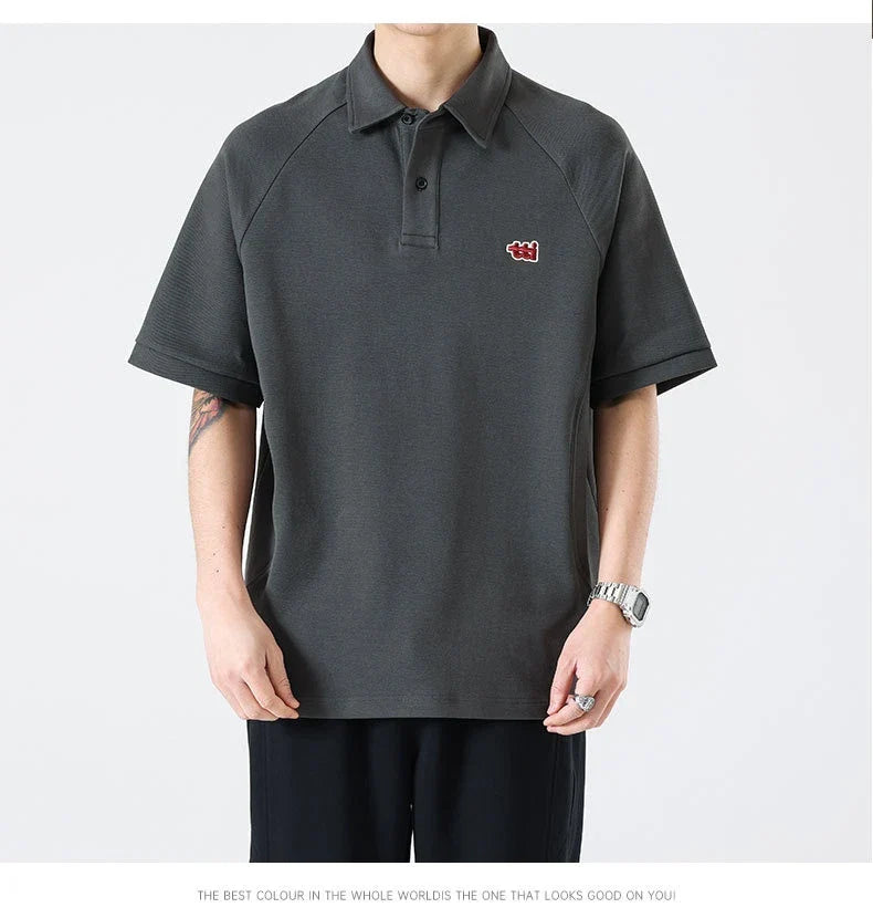 Retro Short Sleeve Men's T-shirt with Embroidered Design in Dark Brown, White, and Grey Colours