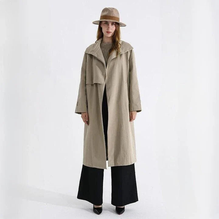 Elegant autumn long trench coat with stand collar and waist bandage in solid pattern and sleek design