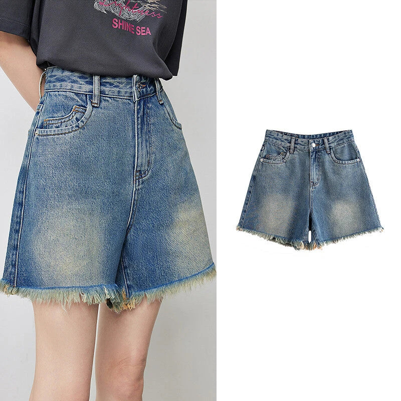 Vintage-inspired high-waisted denim shorts with tassel detailing for women