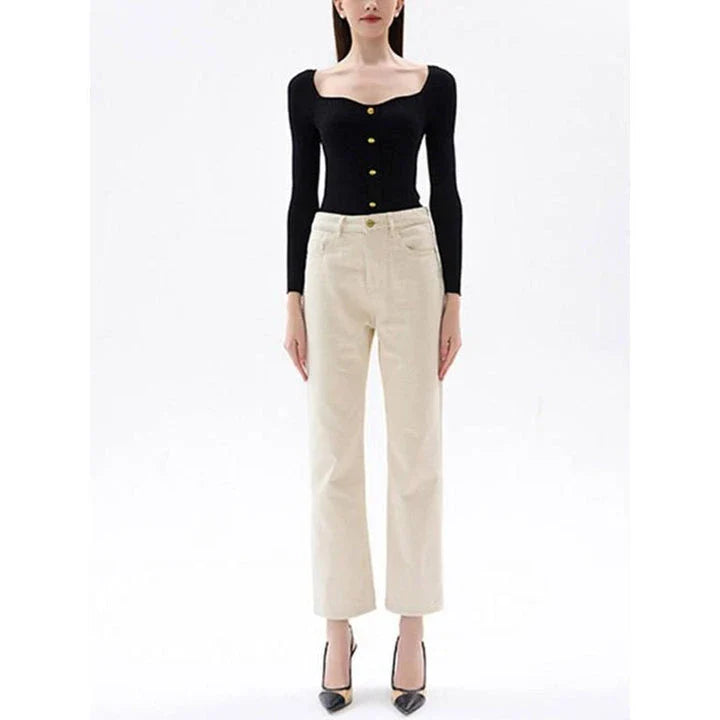 Classic high-waisted straight-leg jeans for women in a timeless British style