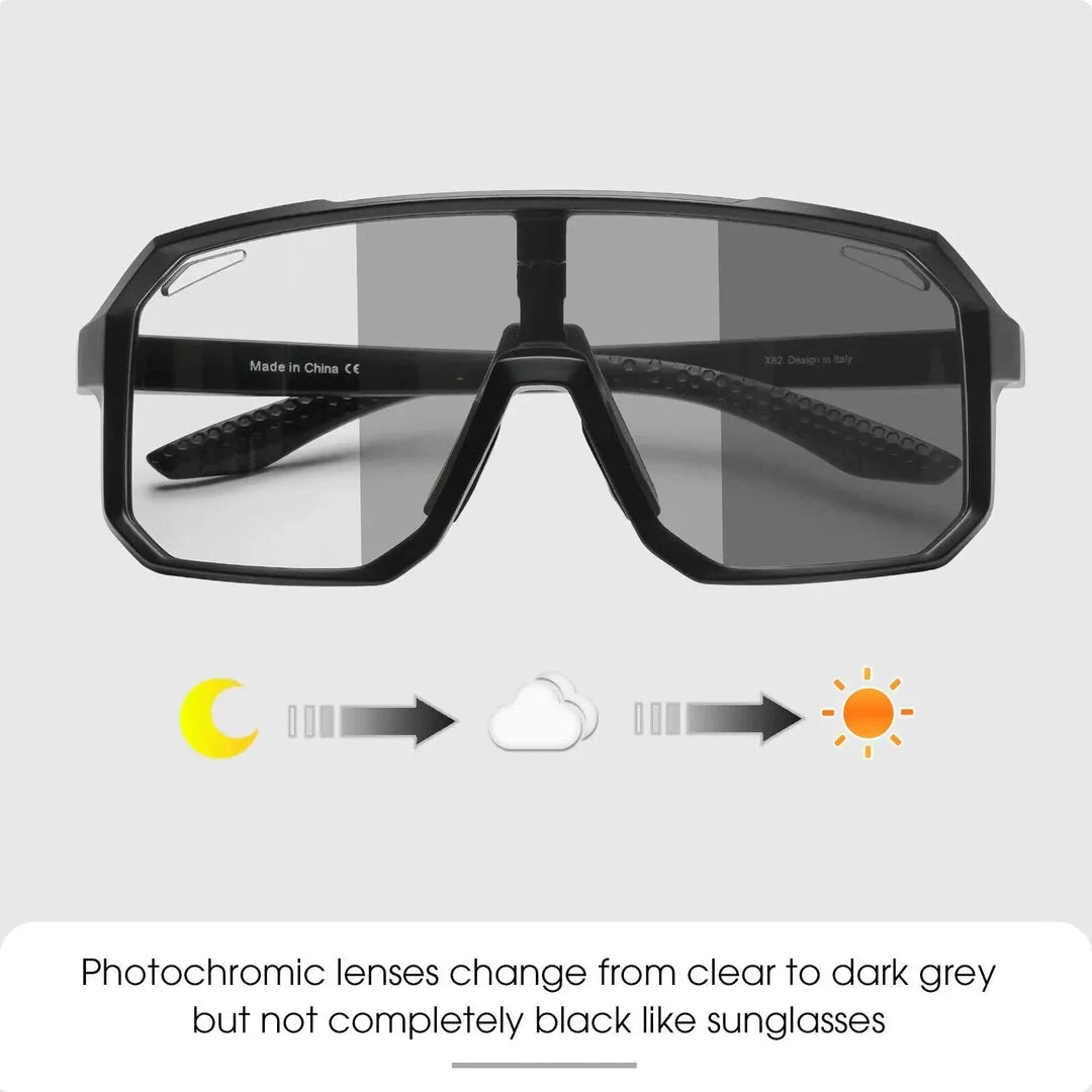 Pair of black photochromic cycling sunglasses with adjustable fit and UV400 protection