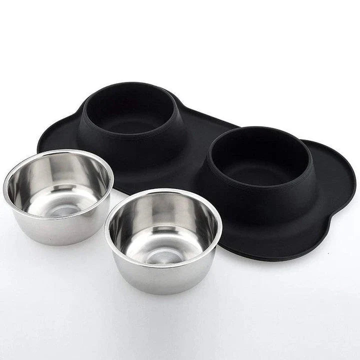 Stainless steel and silicone anti-slip double pet feeding bowl with elevated, slip-resistant design for dogs and cats