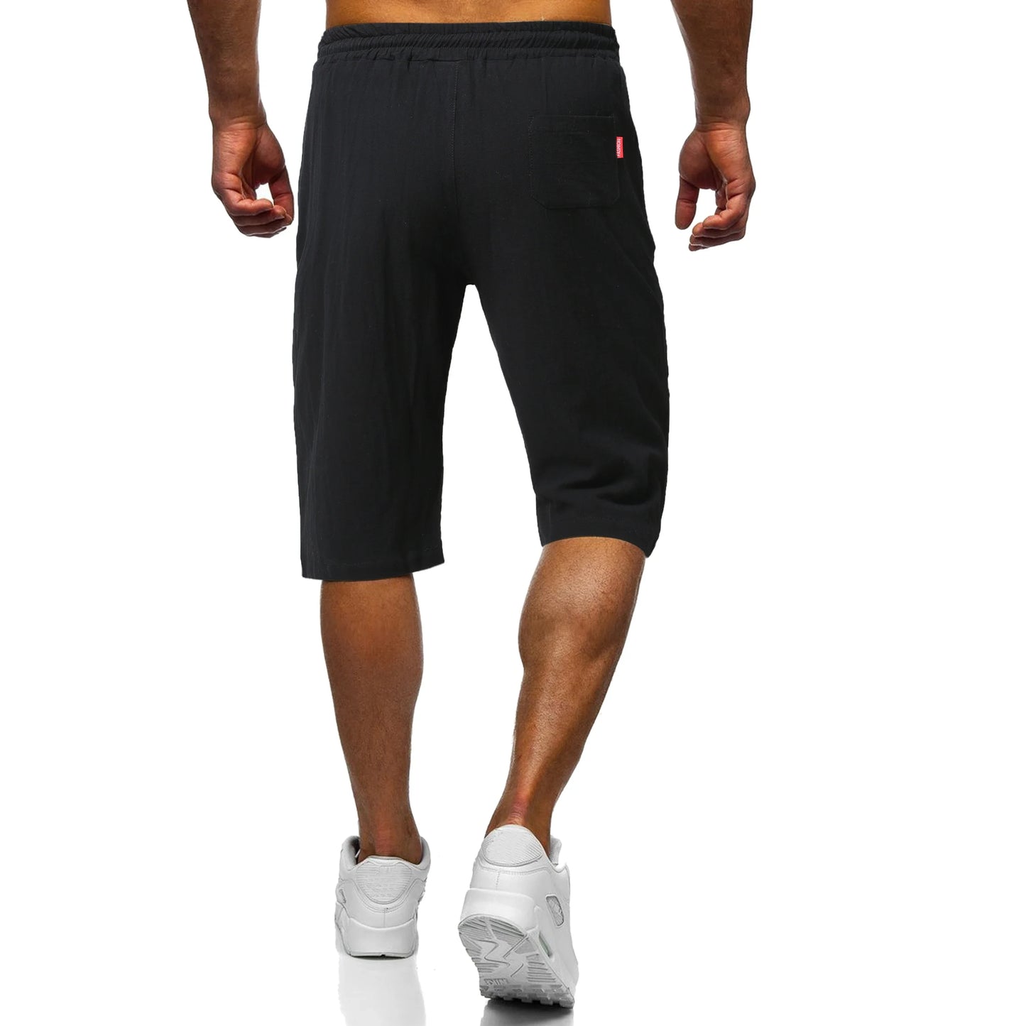 Men's casual linen-cotton cropped trousers in grey, green, and black colours with adjustable drawstring waist and straight-leg silhouette