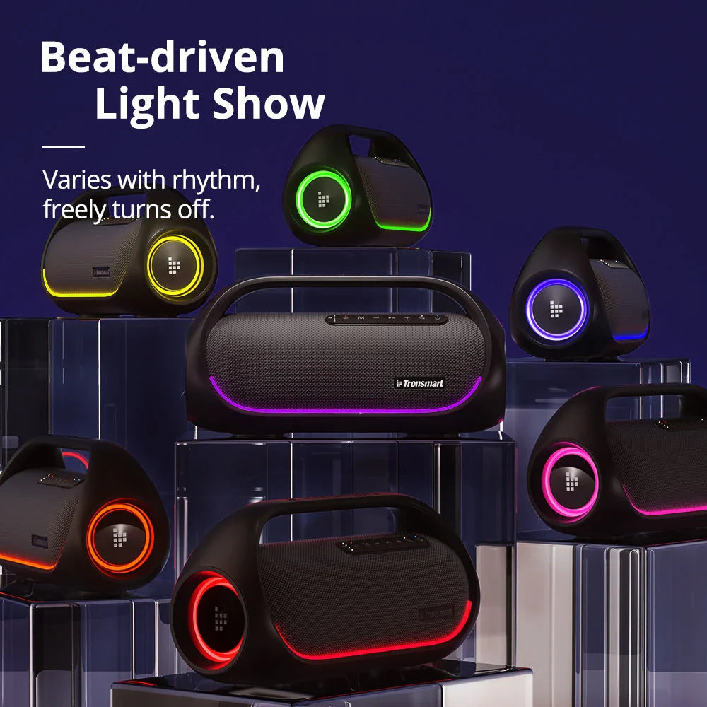 Powerful 60W portable outdoor party speaker with booming bass, waterproof design, and versatile connectivity options