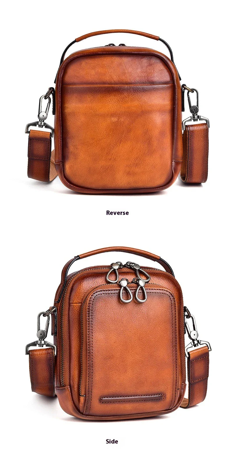 Premium retro leather messenger bag with spacious main compartment, side pockets, and robust handle for comfortable carrying