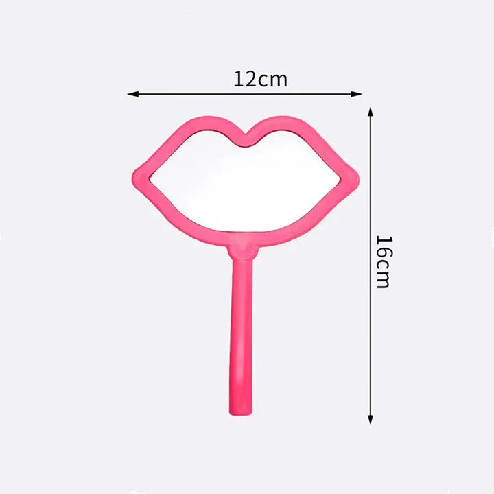 Lip-shaped handheld makeup mirror with a comfortable ergonomic handle for precise on-the-go touch-ups