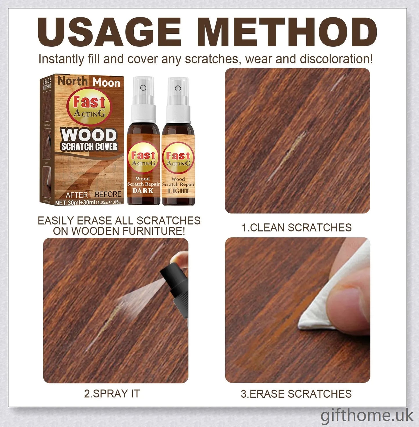 A bottle of premium wood scratch repair spray with a light and dark colour option for blending seamlessly with various wood tones.