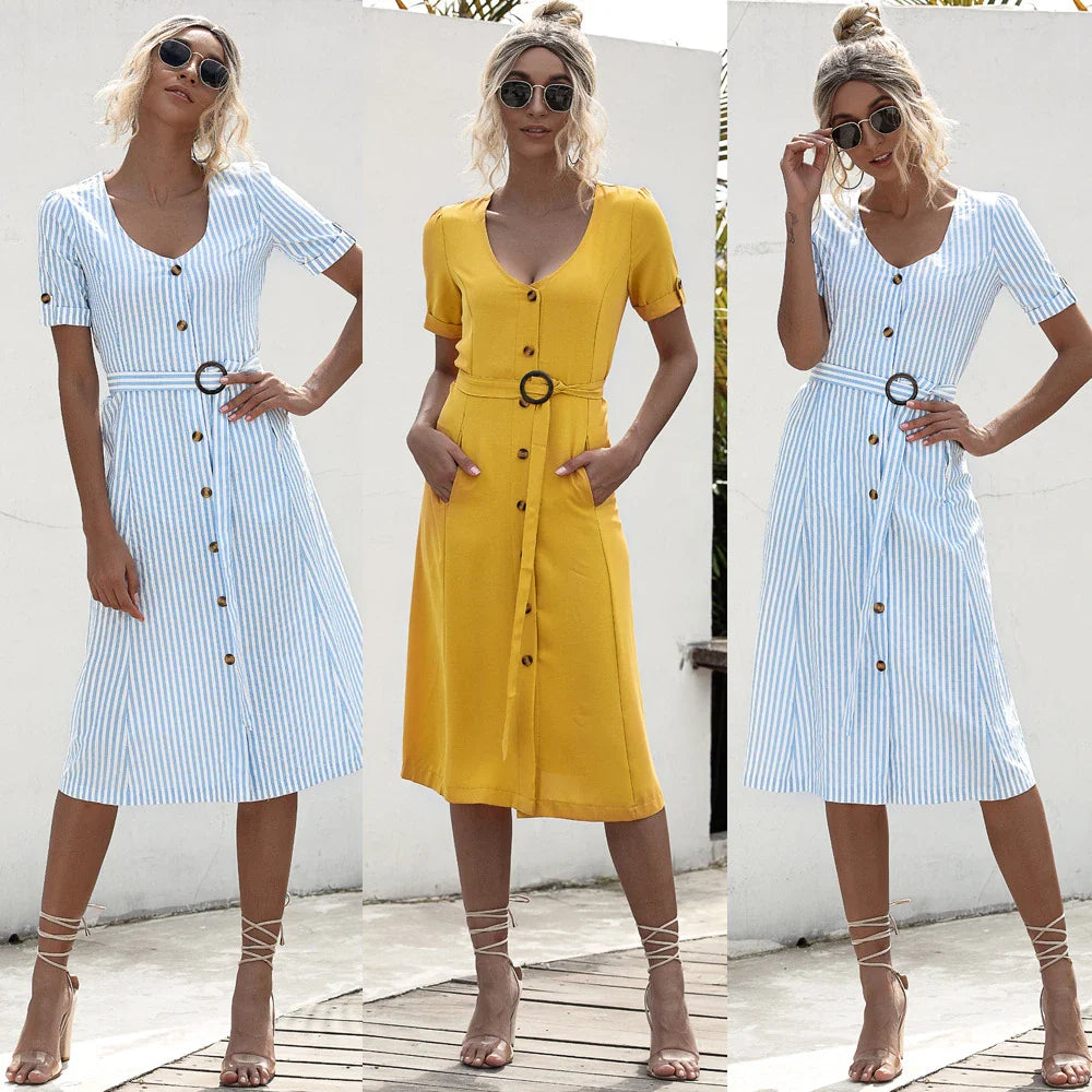 Stylish lace-up button dress in a soft, breathable cotton-blend fabric with a flattering middle waist silhouette