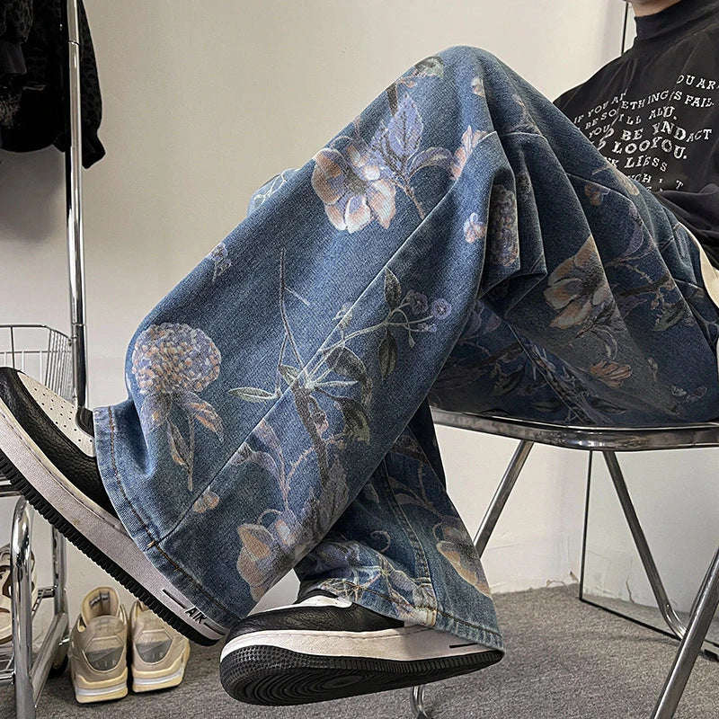 Stylish British men's loose straight-leg jeans in classic blue colour, made from durable chemical fibre blend for all-day comfort and versatility.