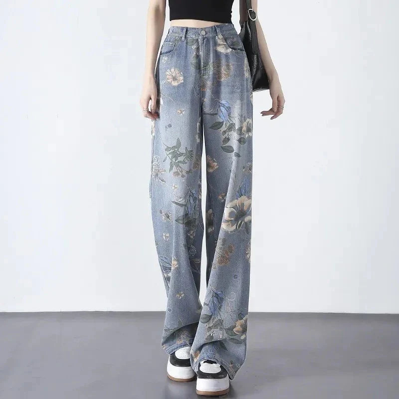 A pair of stylish painted wide-leg jeans in a high-waist design for a slimming and flattering silhouette